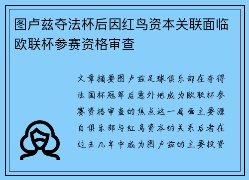 图卢兹夺法杯后因红鸟资本关联面临欧联杯参赛资格审查