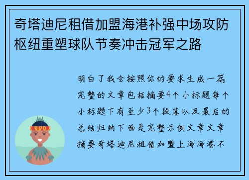 奇塔迪尼租借加盟海港补强中场攻防枢纽重塑球队节奏冲击冠军之路