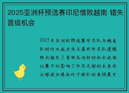 2025亚洲杯预选赛印尼惜败越南 错失晋级机会