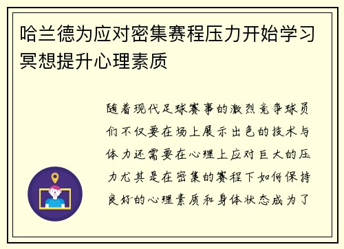 哈兰德为应对密集赛程压力开始学习冥想提升心理素质